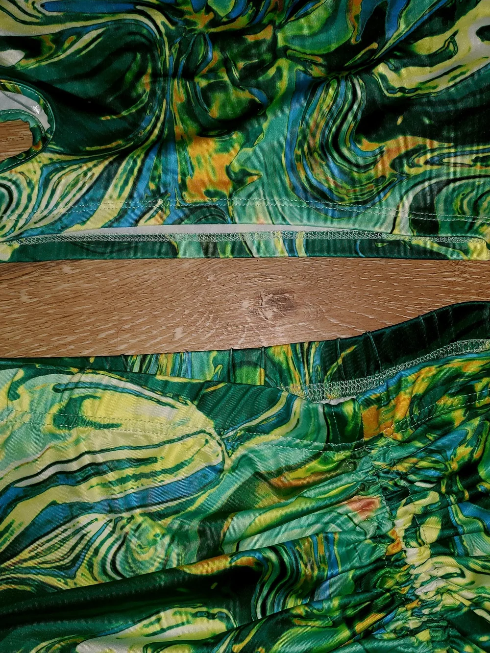 One-Shoulder Green & Yellow Marble Print Crop Top & Ruched Skirt Set